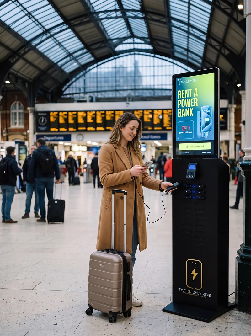 A traveller plugging in a Tap&Charge power bank beside the 24-slot indoor station on a station concourse
